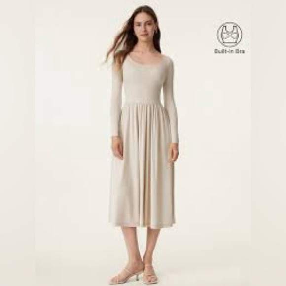 OGL NWOT built in bra midi long sleeve blush pink/nude pink dress size small - Picture 1 of 7